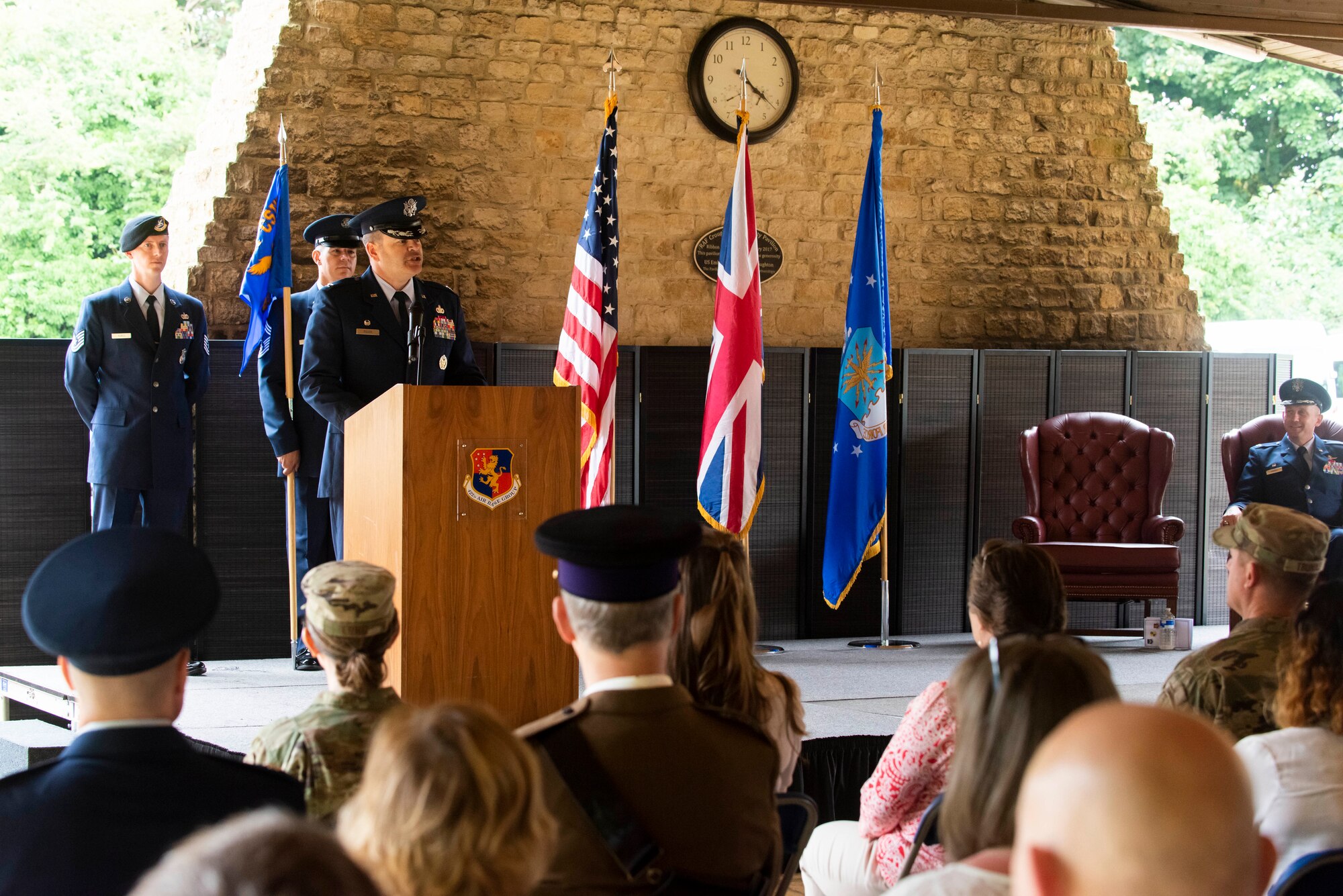 U.S. Air Force Col. Brian Filler, 501st Combat Support Wing commander, speaks during a change of command ceremony at RAF Croughton, England, July 20, 2022. The ceremony is a military tradition that represents a formal transfer of a unit’s authority and responsibility from one commander to another. (U.S. Air Force photo by Senior Airman Jennifer Zima)