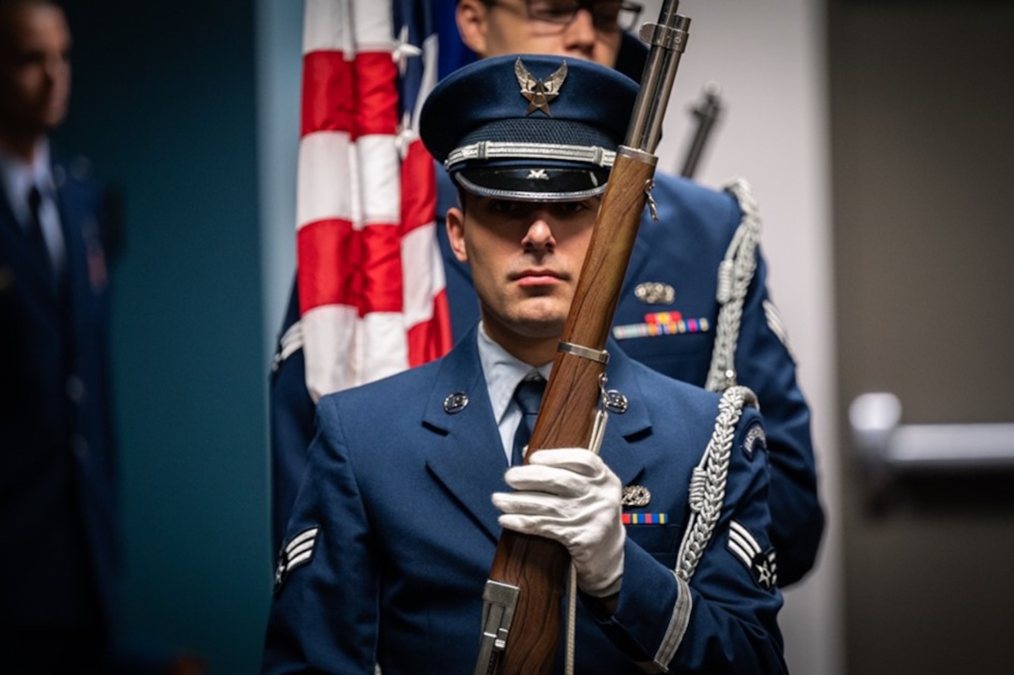 Members of the Seymour Johnson Air Force Base Honor Guard prepare to present the colors during the 911th Air Refueling Squadron’s assumption of command ceremony at Seymour Johnson AFB, N.C., Sept. 9, 2022.The squadron is the Air Force's very first active-duty squadron that is under the command of a reserve wing.