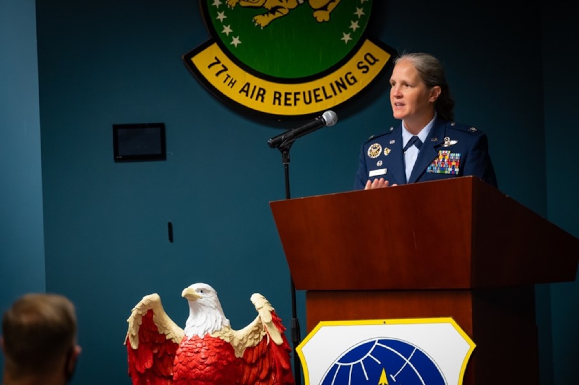 U.S. Air Force Col. Elizabeth Hanson, 305th Air Mobility Wing commander and the 911th Air Refueling Squadron’s wing commander, gives opening remarks during the 911th ARS’s assumption of command ceremony at Seymour Johnson Air Force Base, North Carolina, Sept. 9, 2022. The squadron is the Air Force's very first active-duty squadron that is under the command of a reserve wing.