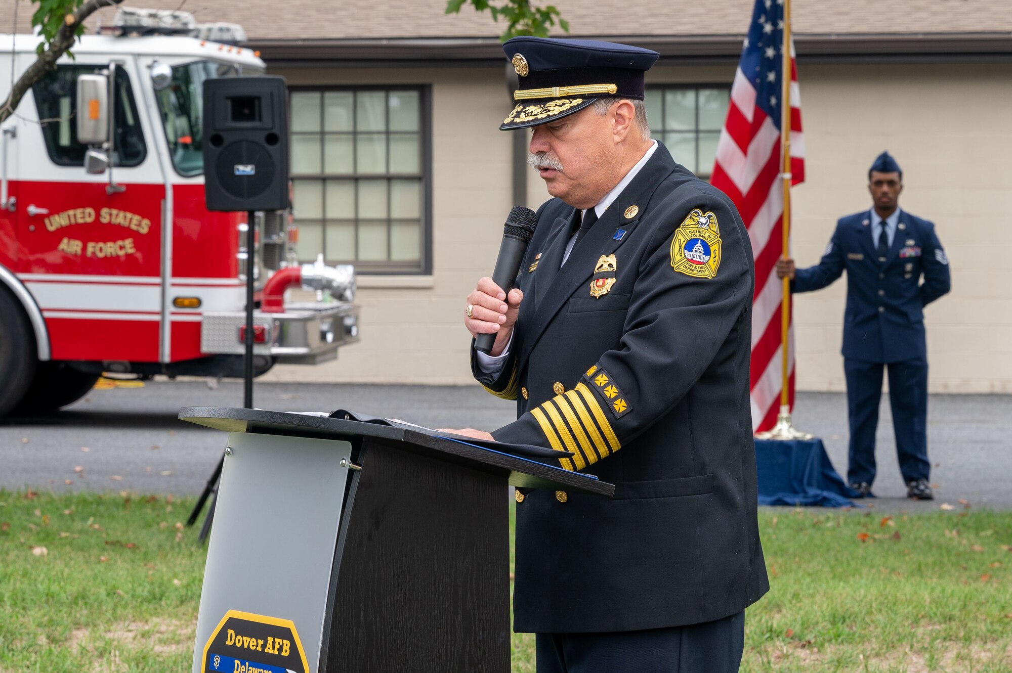 Dennis Rubin, former Washington D.C. fire chief, speaks during the 21st Anniversary 9/11 Memorial Ceremony held at the Air Mobility Command Museum on Dover Air Force Base, Delaware, Sept. 11, 2022. The base hosted the ceremony to remember and honor those who perished in the attacks on Sept. 11, 2001. (U.S. Air Force photo by Senior Airman Cydney Lee)