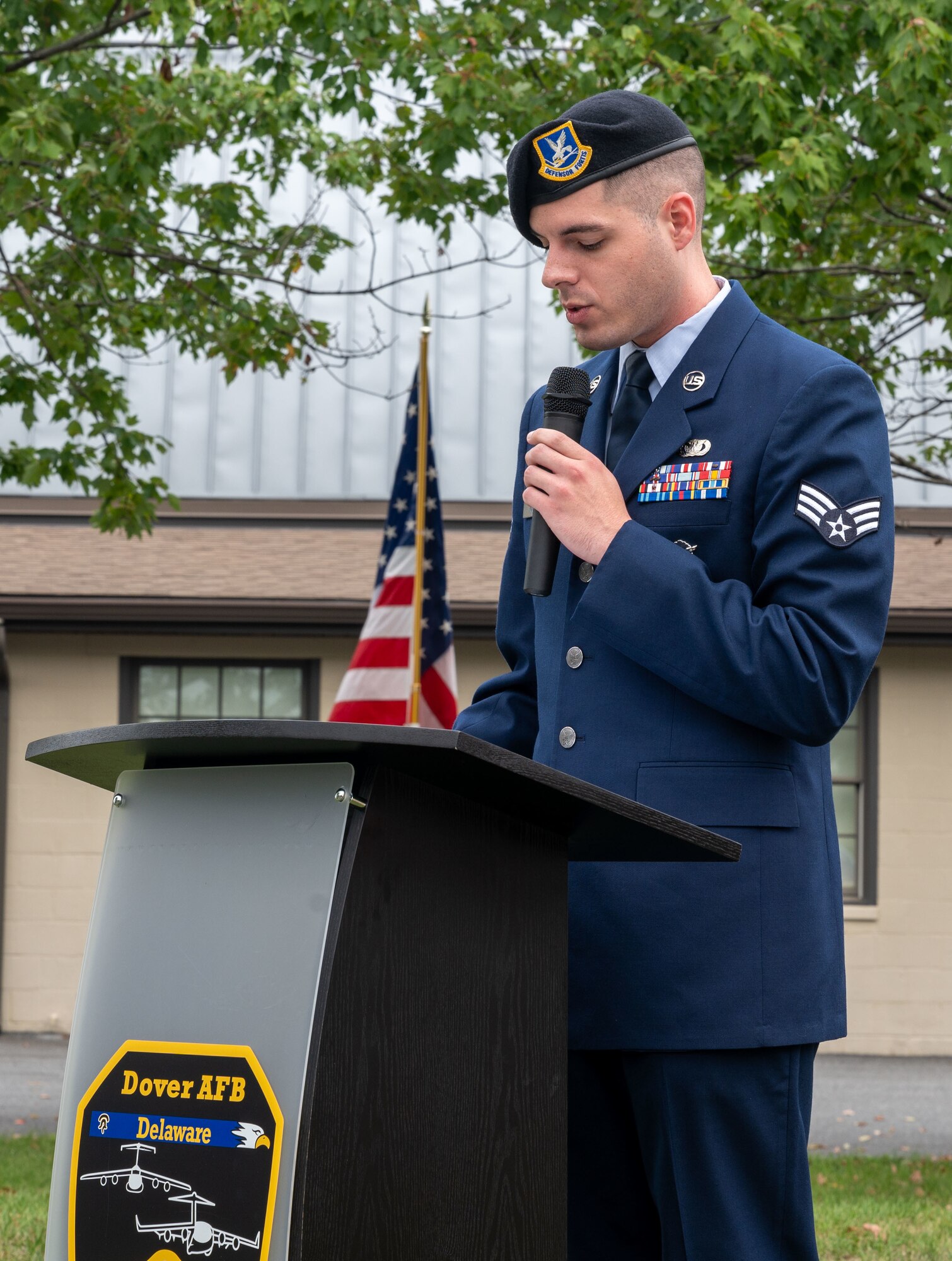 Senior Airman Austin Corvo, 436th Security Forces Squadron response force member, recites the Security Forces Prayer during the 21st Anniversary 9/11 Memorial Ceremony held at the Air Mobility Command Museum on Dover Air Force Base, Delaware, Sept. 11, 2022. The base hosted the ceremony to remember and honor those who perished in the attacks on Sept. 11, 2001. (U.S. Air Force photo by Senior Airman Cydney Lee)
