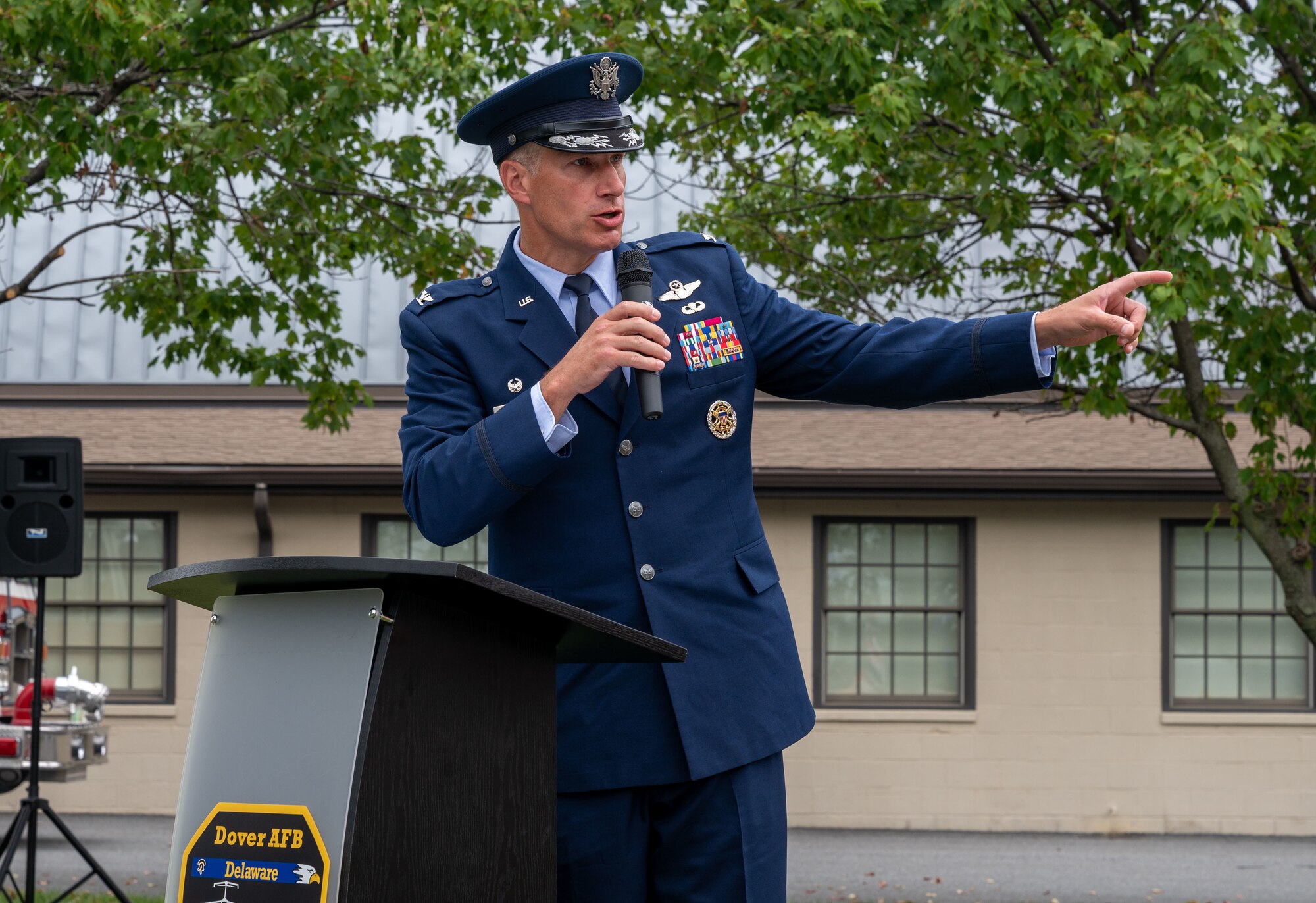 Col. Matt Husemann, 436th Airlift Wing commander, speaks during the 21st Anniversary 9/11 Memorial Ceremony held at the Air Mobility Command Museum on Dover Air Force Base, Delaware, Sept. 11, 2022. The base hosted the ceremony to remember and honor those who perished in the attacks on Sept. 11, 2001. (U.S. Air Force photo by Senior Airman Cydney Lee