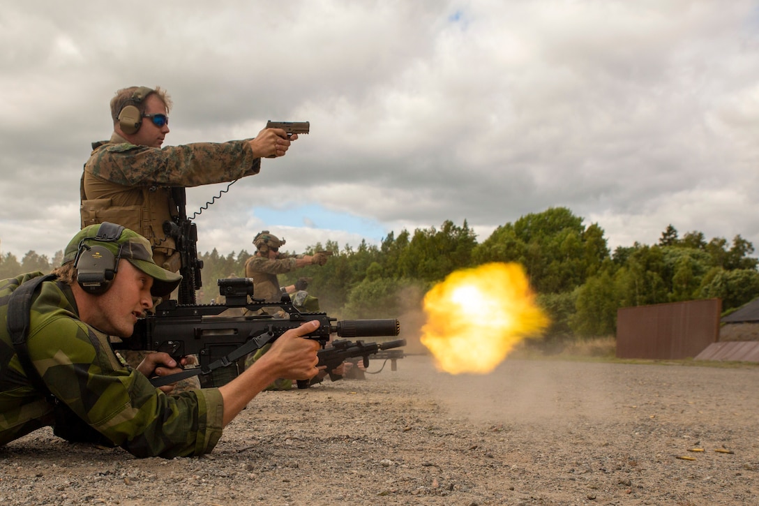 U.S. and Swedish marines kneel or lay in a field while firing weapons.