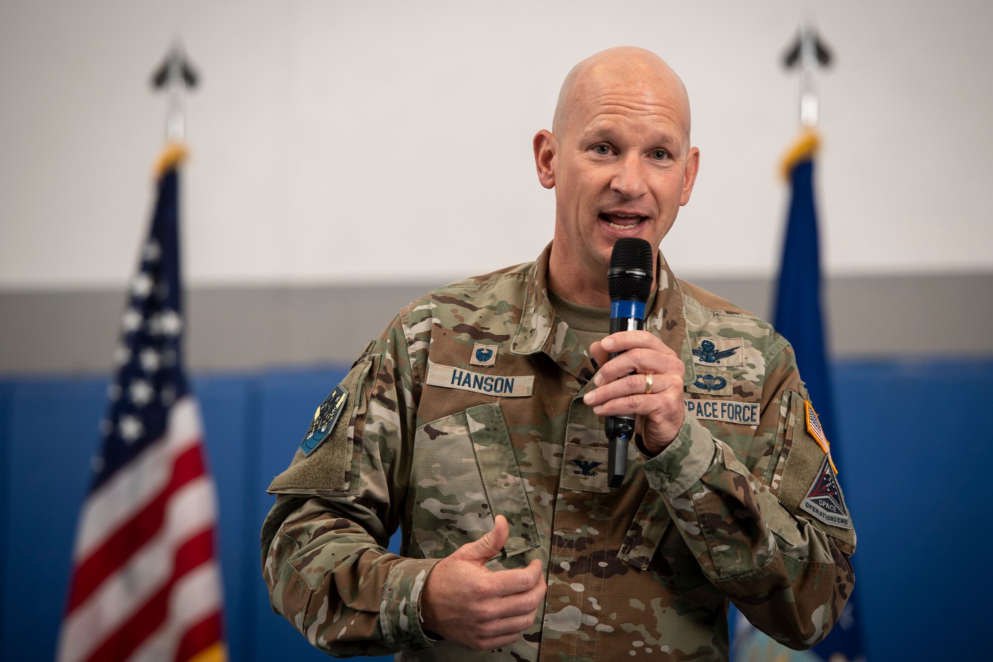 U.S. Space Force Col. David Hanson, Space Base Delta 1 commander, held his first commander's call at Schriever SFB Colorado, Sept. 12, 2022.