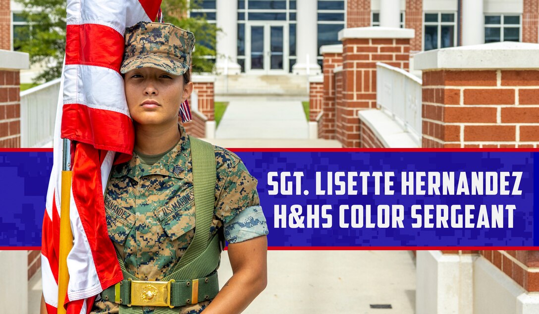 U.S. Marine Corps Sgt. Lisette Hernandez, an aviation operations specialist with Headquarters and Headquarters Squadron (H&HS), Marine Corps Air Station (MCAS) Cherry Point, poses for a photo, Aug. 30, MCAS Cherry Point, North Carolina.  Hernandez has served on the Color Guard since Nov. 2019 and earned the position of Color Sergeant in early 2021. (U.S. Marine Corps graphic photo by Cpl. Noah Braswell)
