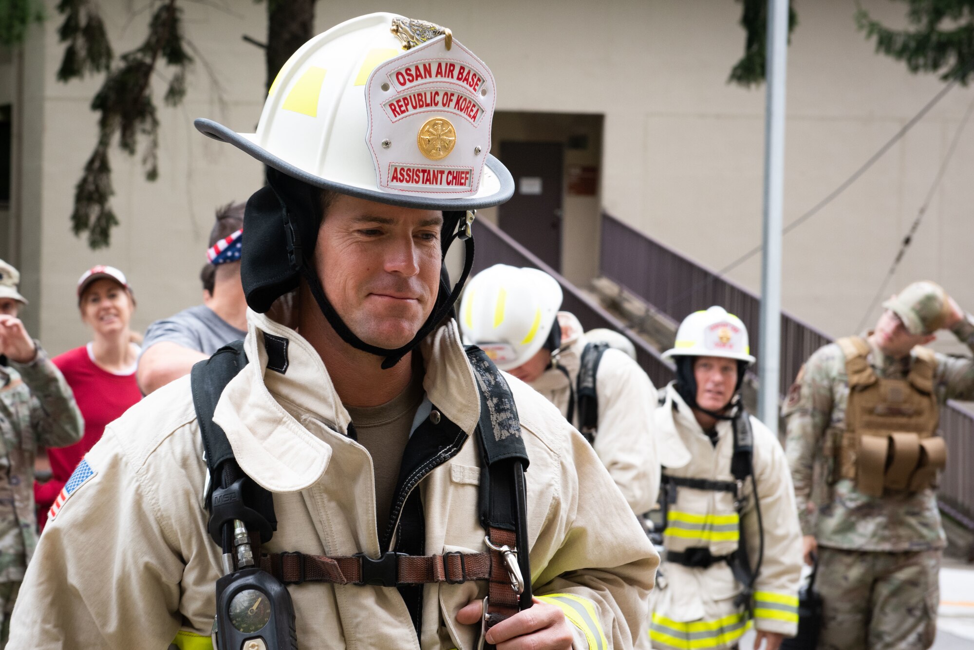Col. Joshua Wood, 51st Fighter Wing commander, participates in the stair climb challenge during a 9/11 Remembrance Ceremony at Osan Air Base, Republic of Korea, Sept. 10, 2022.