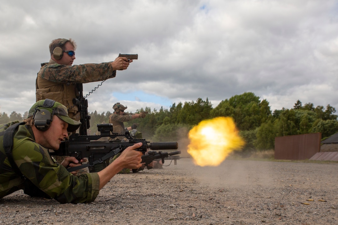 U.S. Marines with 2nd Reconnaissance Battalion, and Swedish Marines with 2nd Marine Battalion, conduct live fire transition drills during exercise Archipelago Endeavor 2022, at Berga Naval Base, Sweden, Sept. 9, 2022. AE22 is an integrated field training exercise that increases operational capability and enhances strategic cooperation between the U.S. Marines and Swedish forces.