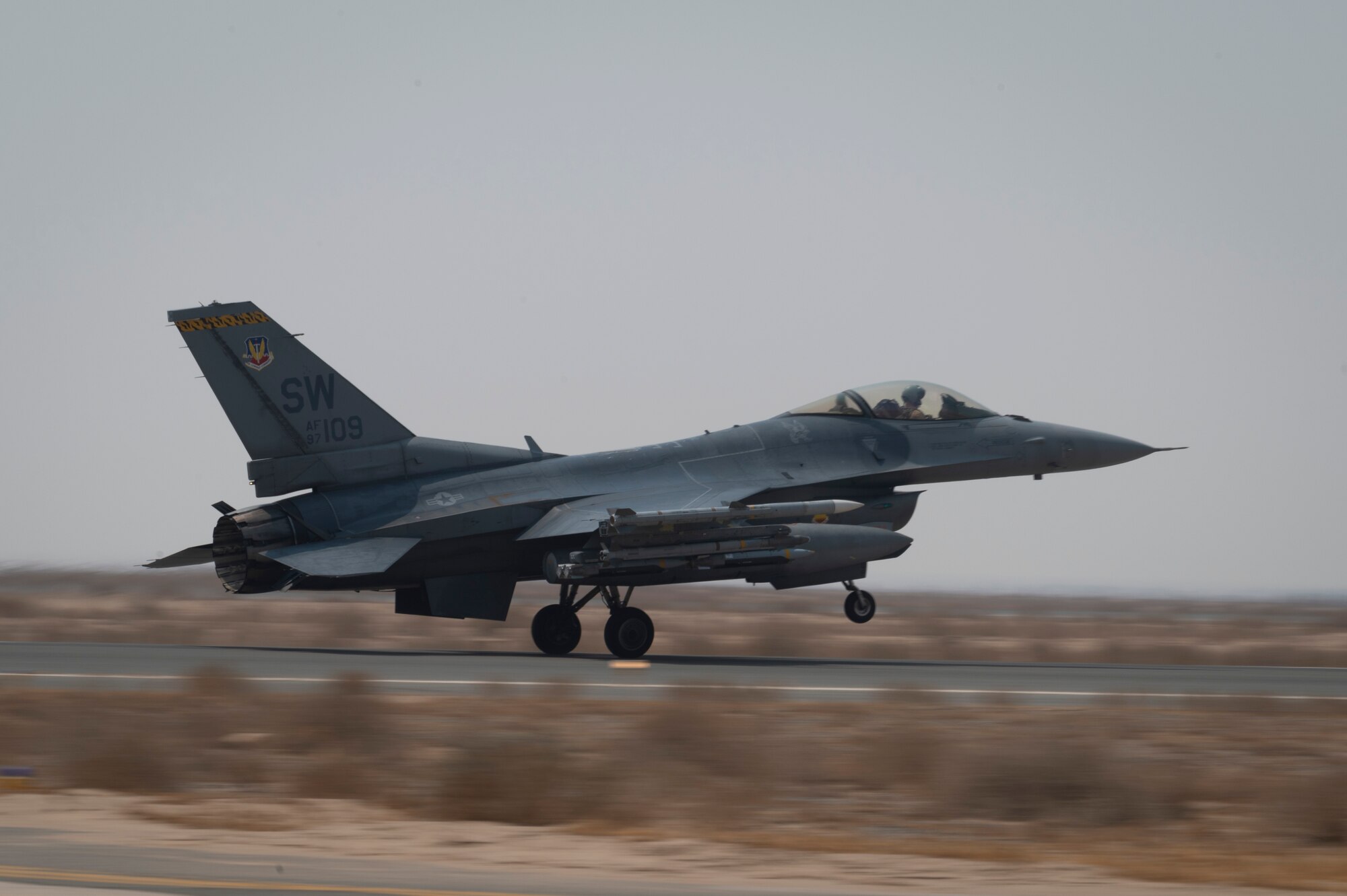 U.S. Air Force Lt. Gen. Alexus Grynkewich, Ninth Air Force (Air Forces Central) commander, takes off in an F-16CM Fighting Falcon at an undisclosed location, September 7, 2022. Grynkewich flew alongside AFCENT Airmen and coalition partners in support of Operation Inherent Resolve as part of Operation Agile Spartan III. OAS III tested rapid troop and equipment movement to and from dispersed locations around the U.S. Central Command area of responsibility. (U.S. Air Force photo by Staff Sgt. Dalton Williams)