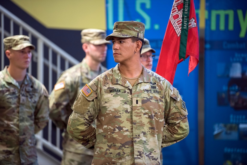 U.S. Army 1st Lt. Adriel Moran, 511th Engineer Dive Detachment executive officer, stands in formation during a pre-deployment ceremony at Joint Base Langley-Eustis, Virginia, September 9, 2022.