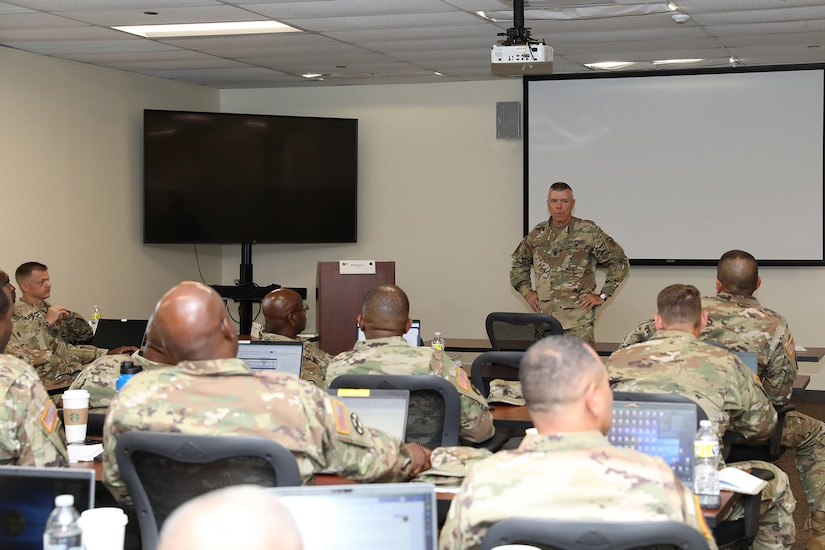 Command Sgt. Maj. Steven Slee, Command Sergeant Major, 85th U.S. Army Reserve Support Command, addresses his command sergeants major during the 85th USARSC’s Command Sergeant Major Training Summit, September 9 – 11, 2022.
