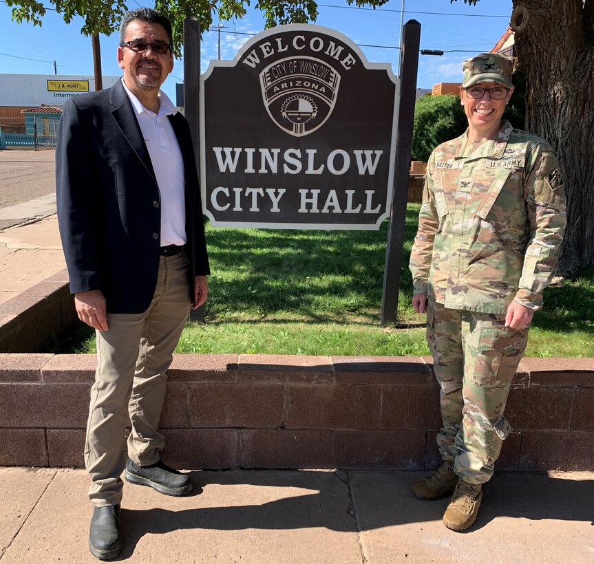 Michael Connor, Assistant Secretary of the Army for Civil Works, and Col. Julie Balten, Los Angeles District commander, meet at the Winslow City Townhall before visiting the Little Colorado Winslow Flood-Risk Reduction project Aug. 31 in Winslow, Arizona. Connor toured several flood-control projects during his visit to U.S. Army Corps of Engineer projects in Arizona.  (Photo by Robert DeDeaux, Los Angeles District PAO)