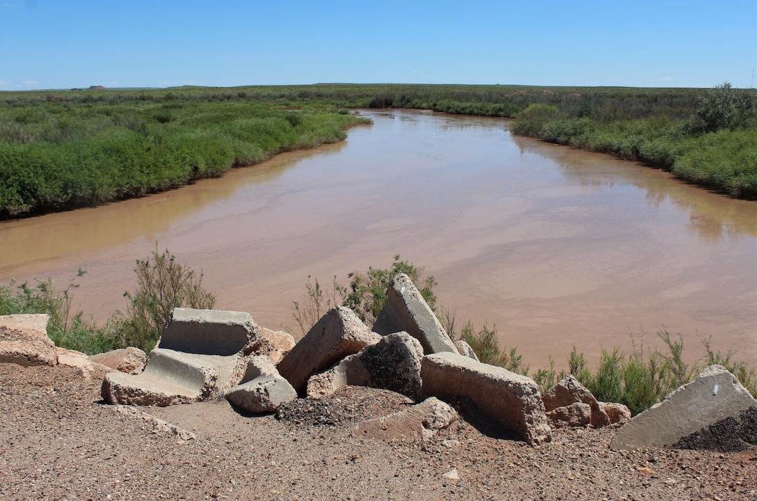 The Little Colorado River flows in along a levee Aug. 31 in Winslow, Arizona. The Little Colorado River at Winslow Flood-Control Project is slated to receive more than $65 million in federal funding from the Bipartisan Infrastructure Law to complete design and construction. (Photo by Robert DeDeaux, Los Angeles District PAO)