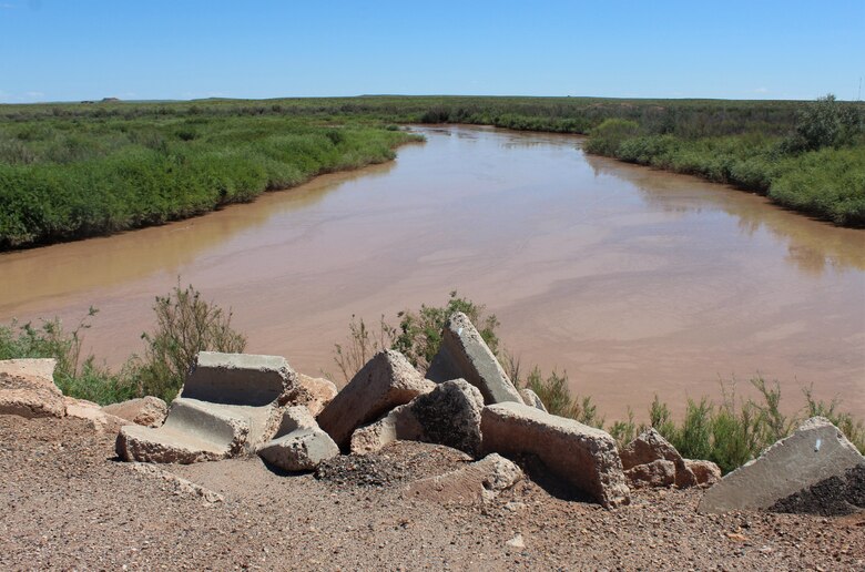 The Little Colorado River flows in along a levee Aug. 31 in Winslow, Arizona. The Little Colorado River at Winslow Flood-Control Project is slated to receive more than $65 million in federal funding from the Bipartisan Infrastructure Law to complete design and construction. (Photo by Robert DeDeaux, Los Angeles District PAO)