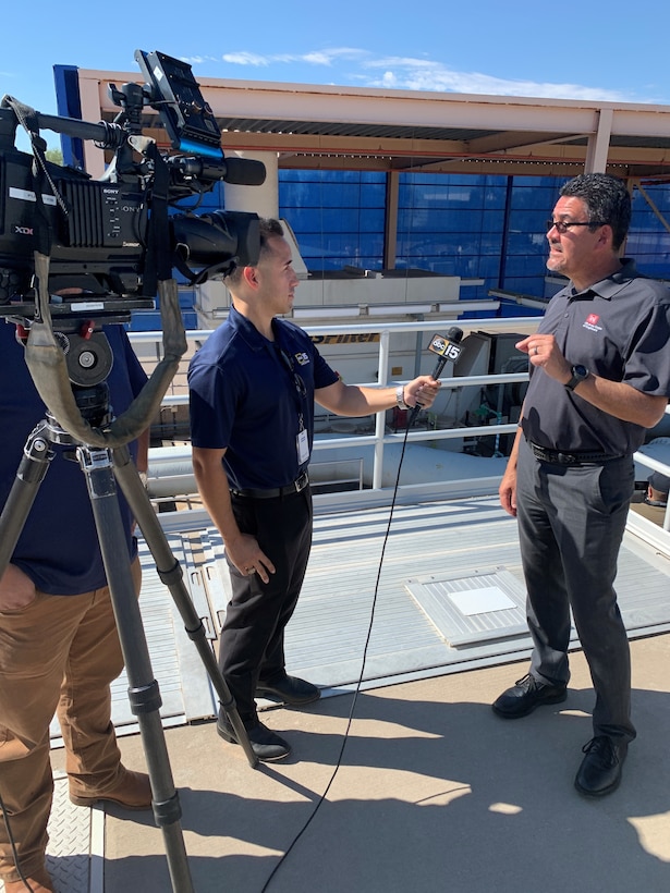 Jorge Torres, an Arizona TV reporter, interviews Assistant Secretary of the Army for Civil Works Michael Connor Sept. 1, following a press conference at Kyrene Water Treatment Facility in Tempe, Arizona. During the press conference, Congressional Representative Greg Stanton of Arizona announced $37 million in funding for the project. The project is designed to collect and reuse reclaimed water. (Photo by Robert DeDeaux, Los Angeles District PAO)