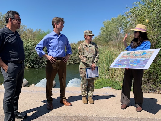 Assistant Secretary of the Army for Civil Works Michael Connor; Congressional Representative Greg Stanton, Arizona; Los Angeles District Commander Col. Julie Balten; and LA District Project Manager Claudia Garcia discuss the Tres Rios Aquatic Restoration project Sept. 1 site visit to the Tres Rios Wetlands in Phoenix. Once completed, the project will restore an aquatic ecosystem, increase recreational park space and support flood mitigation in central Arizona. (Photo by Robert DeDeaux, Los Angeles District PAO)