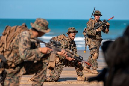 U.S Marines with Marine Rotational Force–Darwin 22 secure a possible amphibious landing site during the Operational Regional War Fighter at Cowley Beach Training Area, Queensland. Operation Regional War Fighter supports the Australian Army’s recent focus on enhancing capabilities in the jungle, which mimics conditions seen in the nearby region.

Courtesy photo by Cpl. Nicole Dorrett, Australian Defence Force