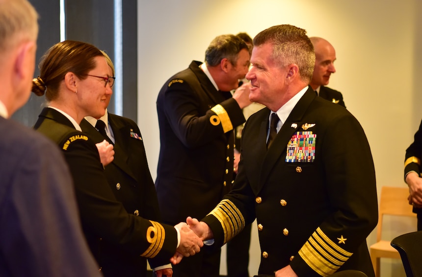 Adm. Samuel Paparo meets with Commodore Melissa Ross and members of the New Zealand Defence Force.
