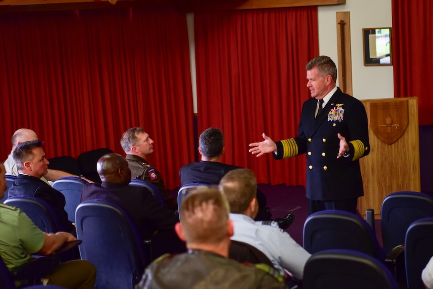 Adm. Samuel Paparo, Commander, U.S. Pacific Fleet, speaks with students at the New Zealand Command and Staff College, during a visit to Wellington, New Zealand.