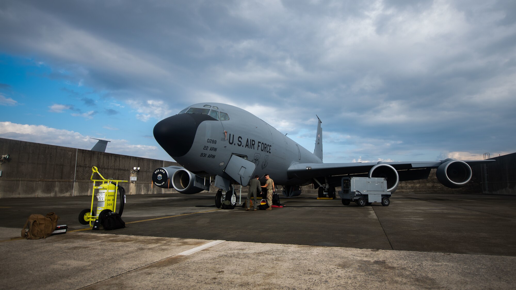 Airmen, assigned to the 909th Air Refueling Squadron, prepare a KC-135 Stratotanker for a refuel mission at Kadena Air Base, Japan, Sept. 9, 2022. The 909th ARS is the Pacific Air Forces lead force for aerial refueling operations in the Indo-Pacific theater, supporting U.S. forces and regional Allies and partners. (U.S. Air Force photo by Senior Airman Gary Hilton)