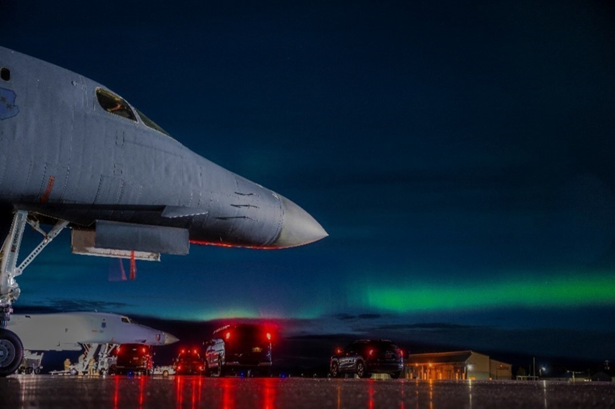 A B-1B Lancer assigned to the 7th Bomb Wing at Dyess Air Force Base, Texas, sits on the flightline at Eielson AFB, Alaska, during the Baked Alaskan exercise, Sept. 9, 2022. During the Baked Alaskan exercise, Dyess Airmen and reserve mission partners deployed two B-1s from home station to Eielson AFB. While there, they tested fly away communication kits, conducted routine maintenance and armament reloading, and integrated with a variety of joint force aircraft. (U.S. Air Force photo by Senior Airman Colin Hollowell)