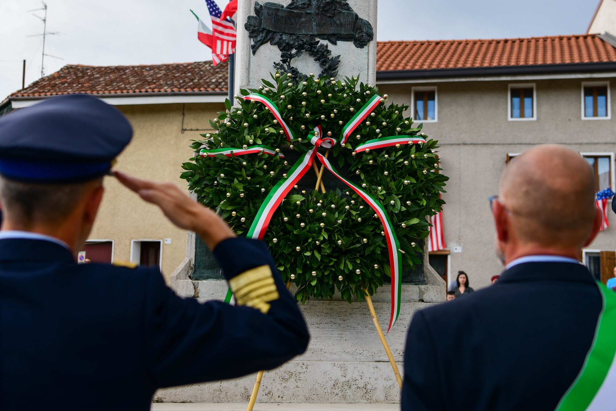 A wreath lays during the 21st Annual Italian-American Friendship Festival in Roveredo in Piano, Italy, Sept. 10, 2022. The first festival was held in 2002 to honor the victims of the 9/11 attacks. (U.S. Air Force photo by Senior Airman Brooke Moeder)