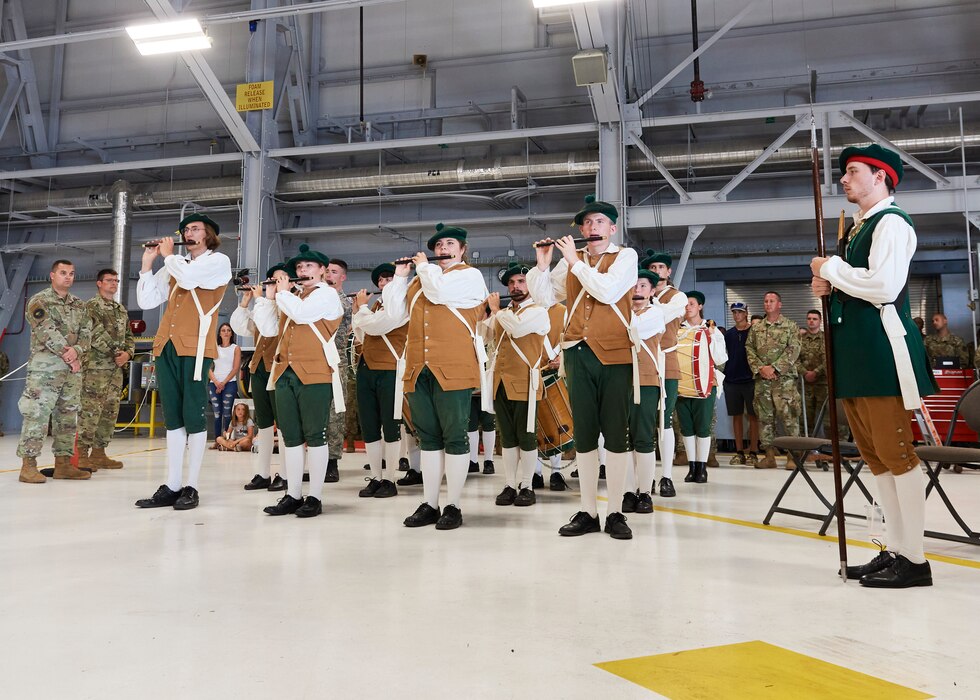 Photo of the Hannaford Fife and Drum Corps playing at the 9/11 remembrance ceremony during the open house at the Vermont Air National Guard Base, South Burlington, Vermont, Sept. 11, 2022.