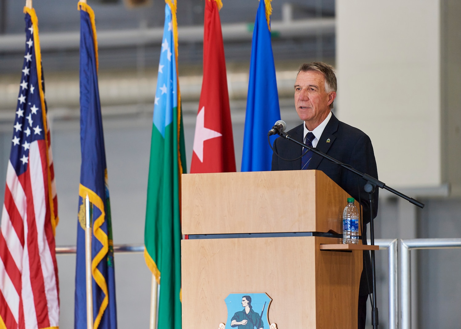Photo of Phil Scott, the Governor of Vermont, speaking at the 9/11 remembrance ceremony during the open house at the Vermont Air National Guard Base, South Burlington, Vermont, Sept. 11, 2022.