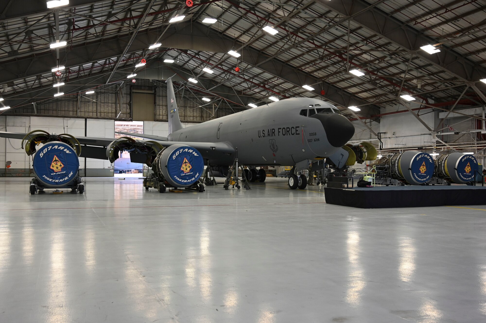 a plane in a hangar