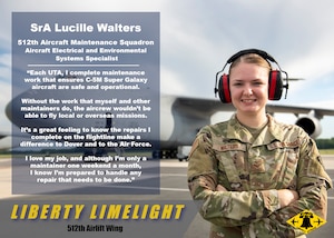 Senior Airman Lucille Walters, 512th Aircraft Maintenance Squadron aircraft electrical and environmental systems specialist, Dover Air Force Base, Delaware, is highlighted for the Liberty Limelight, Sept. 11, 2022.