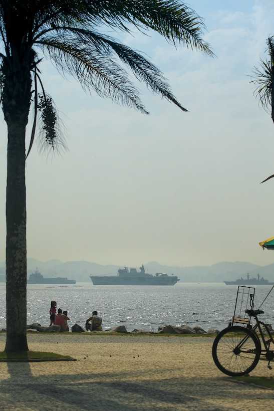 GUANABARA BAY, Brazil (Sept. 10, 2022) Ships from various military's wait to be reviewed by the President of Brazil Jair Bolsonaro during UNITAS LXIII, Sept. 10, 2022. UNITAS is the world’s longest-running maritime exercise. Hosted this year by Brazil, it brings together multinational forces from Belize, Brazil, Cameroon, Chile, Colombia, Dominican Republic, Ecuador, France, Guyana, Jamaica, Mexico, Namibia, Panama, Paraguay, Peru, South Korea, Spain, United Kingdom, Uruguay, and the United States conducting operations in and off the coast of Rio de Janeiro. The exercise trains forces to conduct joint maritime operations through the execution of anti-surface, anti-submarine, anti-air, amphibious and electronic warfare operations that enhance warfighting proficiency and increase interoperability among participating naval and marine forces. (U.S. Marine Corps photo by Cpl. Ethan Craw/Released)