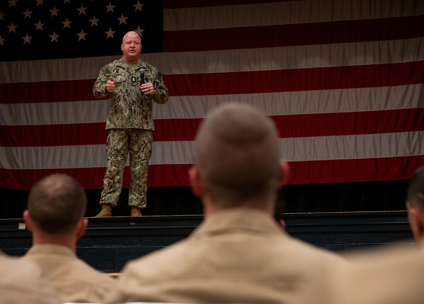 Master Chief Petty Officer of the Navy James Honea speaks with Sailors during an all-hands call at Naval Station Norfolk, Sept. 13, 2022.