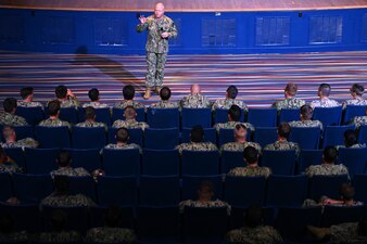 Master Chief Petty Officer of the Navy James Honea speaks with Sailors during an all-hands call at Joint Expeditionary Base Little Creek/Fort Story, Sept. 13, 2022.