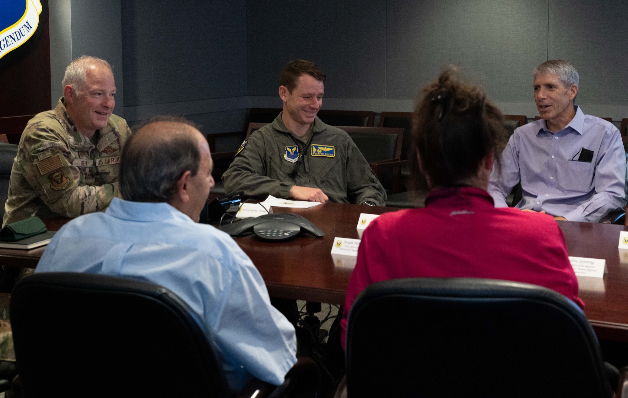 U.S. Air Force Col. Daniel Diehl, 509th Bomb Wing commander, conducts a mission brief for Federal Aviation Administration members and guest at Whiteman Air Force Base, Missouri, Sept. 08, 2022. FAA members met with Whiteman AFB leadership to receive a better understanding of the 509th Bomb Wing’s mission and the integral role they play at Whiteman. (U.S Air Force Photo by Senior Airman Christina Carter)