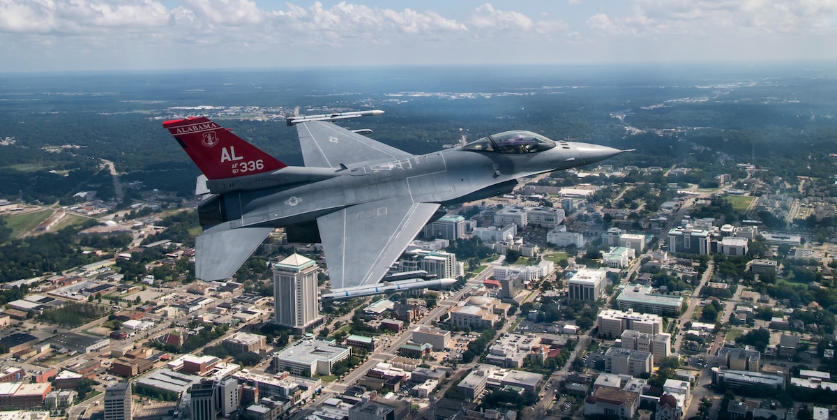 A U.S. Air Force F-16 Fighting Falcon from the 100th Fighter Squadron flies in a hold pattern