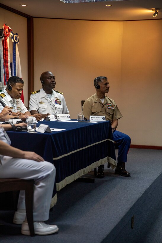U.S. Marine Corps Col. Guillermo Rosales, commander of Special Purpose Marine Air-Ground Task Force, sits with Brazilian Navy leadership for a press conference after the opening ceremony of exercise UNITAS LXIII in Rio de Janeiro, Sept. 8, 2022. The opening ceremony recognized the official start of exercise UNITAS LXIII. UNITAS is the world's longest-running annual multinational maritime exercise that brings together forces from 19 countries to include Brazil, Cameroon, Chile, Colombia, Dominican Republic, Ecuador, France, Guyana, Jamaica, Mexico, Namibia, Panama, Paraguay, Peru, South Korea, Spain, United Kingdom, Uruguay, and the United States. The exercise focuses on enhancing interoperability among multiple nations and joint forces during littoral and amphibious operations in order to build on existing regional partnerships and create new enduring relationships that promote peace, stability and prosperity in the U.S. Southern Command’s area of responsibility. (U.S. Marine Corps photo by Sgt. Camila Melendez)