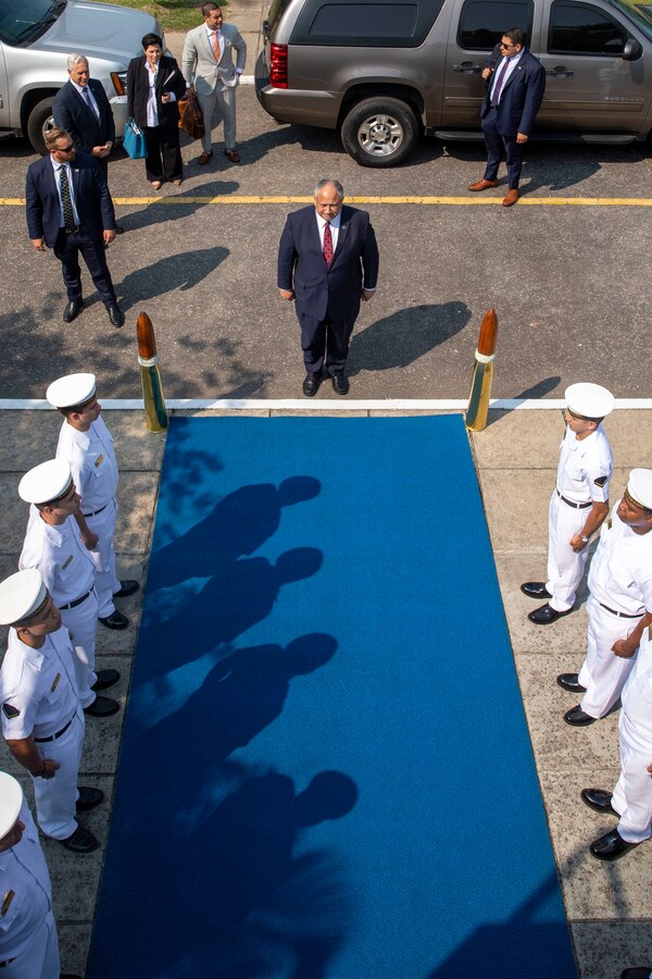 U.S. Secretary of the Navy Carlos Del Toro is welcome by the Brazilian Navy for the opening ceremony of exercise UNITAS LXIII in Rio de Janeiro, Sept. 8, 2022. The opening ceremony recognized the official start of exercise UNITAS LXIII. UNITAS is the world's longest-running annual multinational maritime exercise that brings together forces from 19 countries to include Brazil, Cameroon, Chile, Colombia, Dominican Republic, Ecuador, France, Guyana, Jamaica, Mexico, Namibia, Panama, Paraguay, Peru, South Korea, Spain, United Kingdom, Uruguay, and the United States. The exercise focuses on enhancing interoperability among multiple nations and joint forces during littoral and amphibious operations in order to build on existing regional partnerships and create new enduring relationships that promote peace, stability and prosperity in the U.S. Southern Command’s area of responsibility. (U.S. Marine Corps photo by Sgt. Camila Melendez)