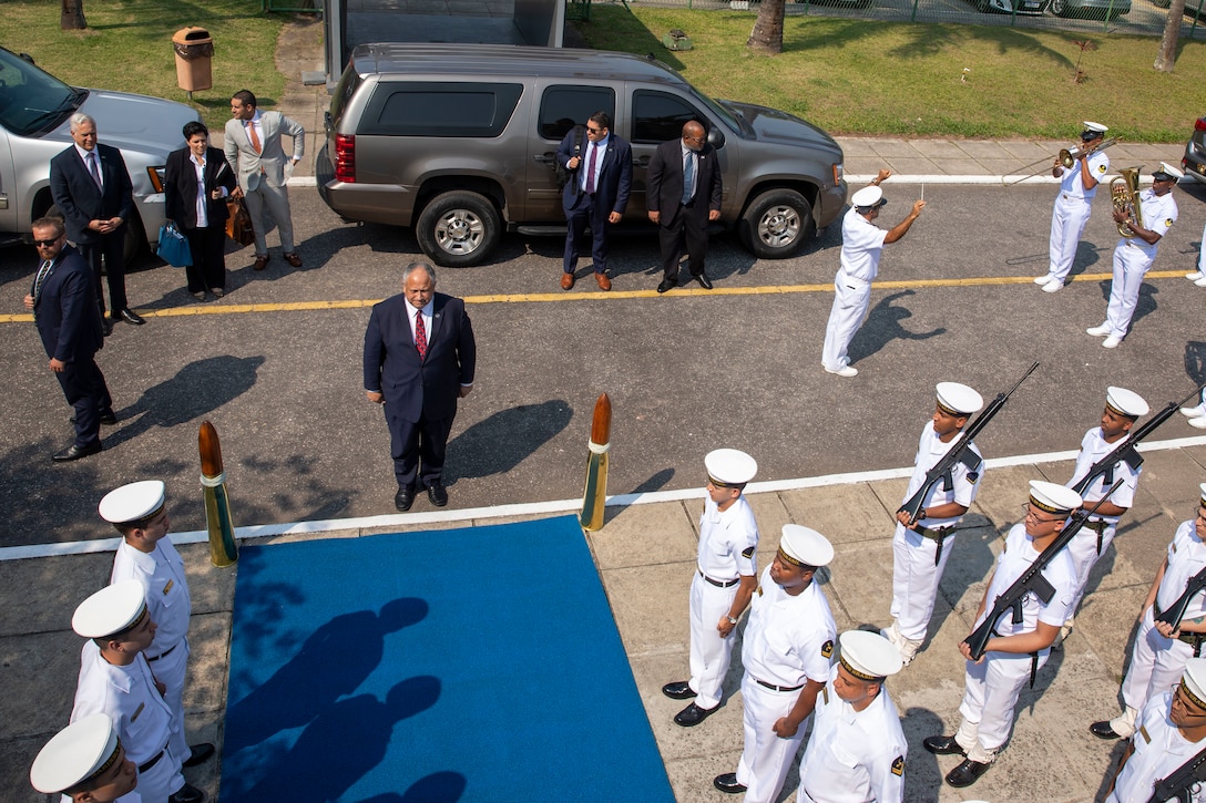 U.S. Secretary of the Navy Carlos Del Toro is welcome by the Brazilian Navy for the opening ceremony of exercise UNITAS LXIII in Rio de Janeiro, Sept. 8, 2022. The opening ceremony recognized the official start of exercise UNITAS LXIII. UNITAS is the world's longest-running annual multinational maritime exercise that brings together forces from 19 countries to include Brazil, Cameroon, Chile, Colombia, Dominican Republic, Ecuador, France, Guyana, Jamaica, Mexico, Namibia, Panama, Paraguay, Peru, South Korea, Spain, United Kingdom, Uruguay, and the United States. The exercise focuses on enhancing interoperability among multiple nations and joint forces during littoral and amphibious operations in order to build on existing regional partnerships and create new enduring relationships that promote peace, stability and prosperity in the U.S. Southern Command’s area of responsibility. (U.S. Marine Corps photo by Sgt. Camila Melendez)
