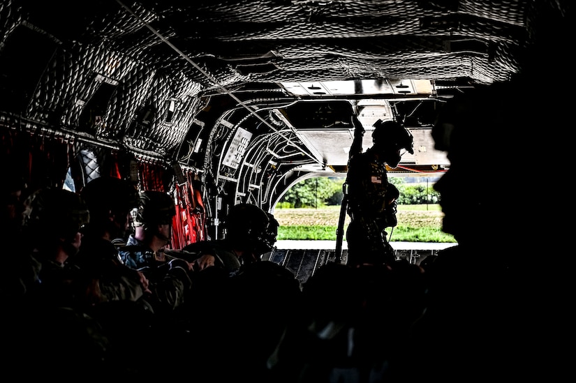 U.S. Army Soldiers assigned to the 404th Civil Affairs Battalion, board a CH-47 for an Airborne operation at Joint Base McGuire-Dix-Lakehurst, N.J. on Sept. 10, 2022. The unit conducted non-tactical airborne operations at the Army Aviation Facility in order to maintain mission readiness and proficiency among their paratroopers with the assistance of two CH-47’s out of Virginia.The Army Aviation Facility was created through a MILCON effort valued at 11.7 million dollars and made possible by the joint effort of ASA Fort Dix and the U.S. Marine Corps Marine Aircraft Group 49. The 2100 square foot building is host to an Army Ramp Management Area which provides a wide range of capabilities for both fixed and rotary wing aircraft such as the C-130, CH-47S, and UH-60S.