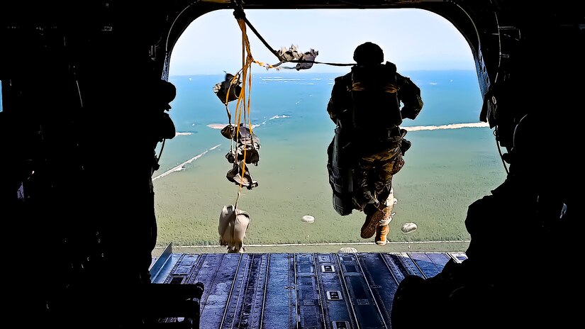 U.S. Army Soldiers assigned to the 404th Civil Affairs Battalion, jump from a CH-47 for an Airborne operation at Joint Base McGuire-Dix-Lakehurst, N.J. on Sept. 10, 2022. The unit conducted non-tactical airborne operations at the Army Aviation Facility in order to maintain mission readiness and proficiency among their paratroopers with the assistance of two CH-47’s out of Virginia.The Army Aviation Facility was created through a MILCON effort valued at 11.7 million dollars and made possible by the joint effort of ASA Fort Dix and the U.S. Marine Corps Marine Aircraft Group 49. The 2100 square foot building is host to an Army Ramp Management Area which provides a wide range of capabilities for both fixed and rotary wing aircraft such as the C-130, CH-47S, and UH-60S.