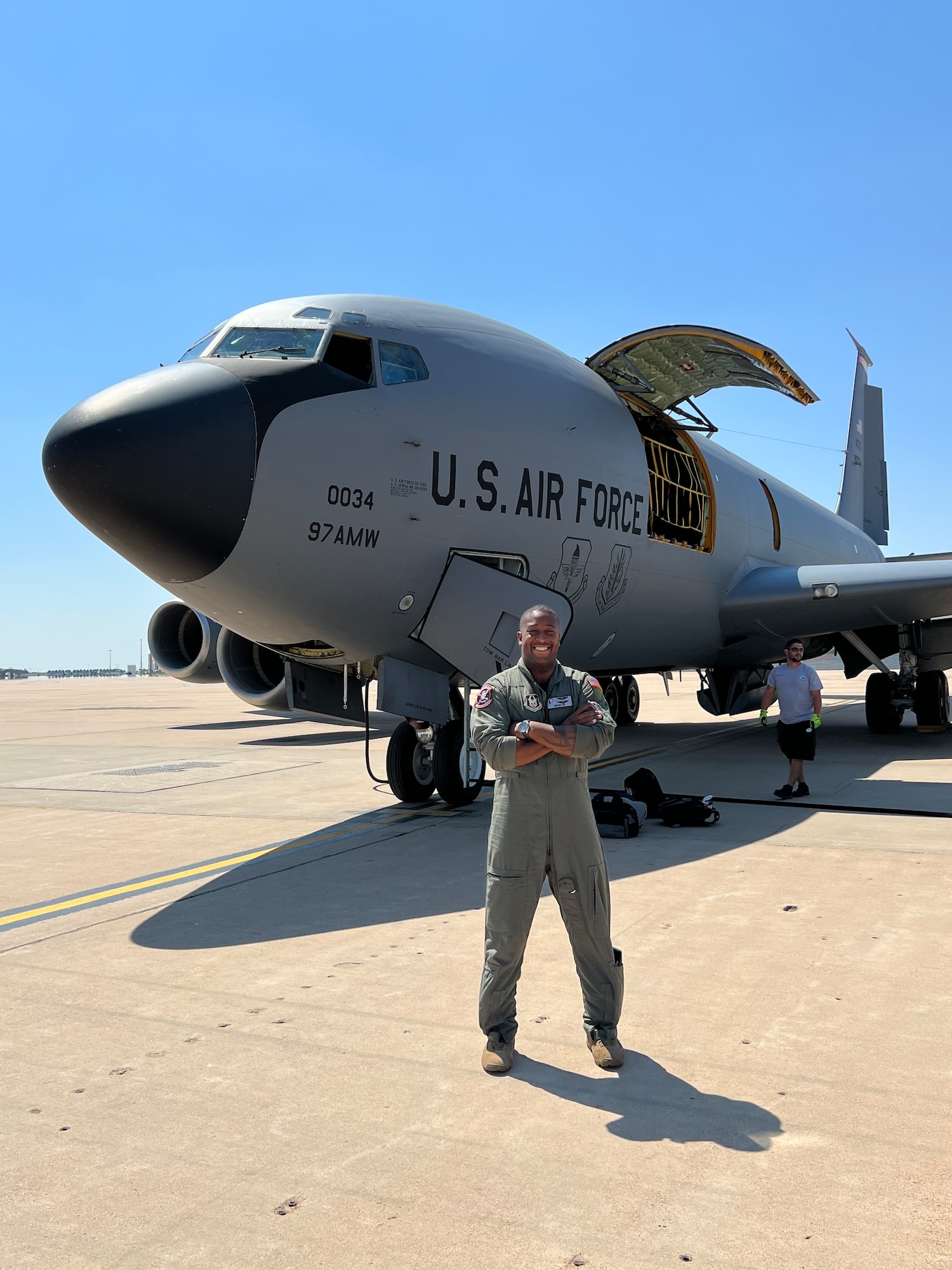 U.S. Air Force 2nd. Lt. Bryan Lee, 54th Air Refueling Squadron KC-135 Stratotanker student pilot, poses with the KC-135 in Altus, Oklahoma, on August 26, 2022. Lee is a reservist and is returning back to his unit in Tampa, Florida after training. (U.S. Air Force courtesy photo by 2nd Lt. Bryan Lee)