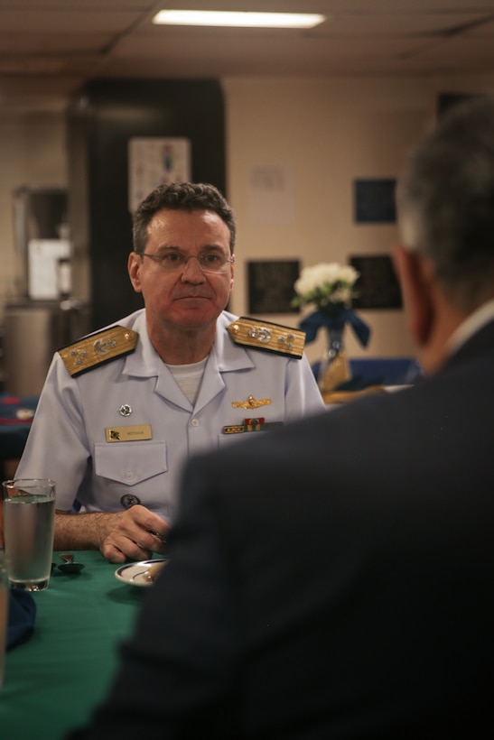 RIO DE JANEIRO (Sept. 8, 2022) Brazilian Commander-in-Chief of the Fleet Vice Adm. Arthur Fernando Bettega Correa speaks with U.S. Secretary of the Navy Carlos Del Toro aboard the San Antonio-class transport dock USS Mesa Verde (LPD 19), during a visit as part of UNITAS LXIII Sept. 8, 2022.  UNITAS is the world’s longest-running maritime exercise. Hosted this year by Brazil, it brings together multinational forces from Brazil, Cameroon, Chile, Colombia, Dominican Republic, Ecuador, France, Guyana, Jamaica, Mexico, Namibia, Panama, Paraguay, Peru, South Korea, Spain, United Kingdom, Uruguay, and the United States conducting operations in and off the coast of Rio de Janeiro. The exercise trains forces to conduct joint maritime operations through the execution of anti-surface, anti-submarine, anti-air, amphibious and electronic warfare operations that enhance warfighting proficiency and increase interoperability among participating naval and marine forces. (U.S. Marine Corps photo by Cpl. Ethan Craw/Released)