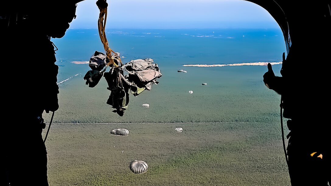 U.S. Army Soldiers assigned to the 404th Civil Affairs Battalion, jump from a CH-47 for an Airborne operation at Joint Base McGuire-Dix-Lakehurst, N.J. on Sept. 10, 2022. The unit conducted non-tactical airborne operations at the Army Aviation Facility in order to maintain mission readiness and proficiency among their paratroopers with the assistance of two CH-47’s out of Virginia.The Army Aviation Facility was created through a MILCON effort valued at 11.7 million dollars and made possible by the joint effort of ASA Fort Dix and the U.S. Marine Corps Marine Aircraft Group 49. The 2100 square foot building is host to an Army Ramp Management Area which provides a wide range of capabilities for both fixed and rotary wing aircraft such as the C-130, CH-47S, and UH-60S.