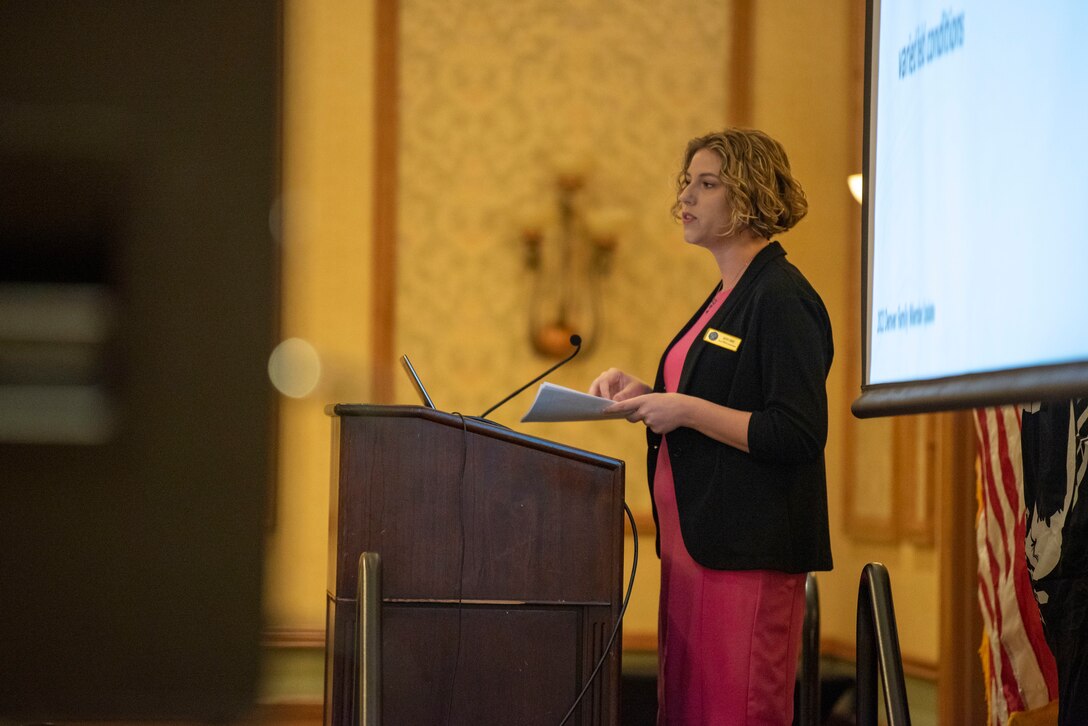 Ms. Kristin Bukovec, Defense POW/MIA Accounting Agency (DPAA) Acting Quality Assurance manager, gives a brief during a Family Member Update (FMU) in Denver, Colorado, Sept. 10, 2022. Bukovec spoke on the recovery and identification process DPAA goes through in order to successfully identify missing service members. This was one of many formal presentations, question and answer sessions, and one-one-one discussions designed to keep family members informed of DPAA’s mission to account for those still missing while addressing their individual needs. (U.S. Air Force photo by Staff Sgt. Blake Gonzales)