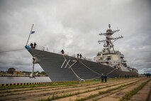 (Sept. 15, 2022) The U.S. Navy Arleigh Burke-class guided-missile destroyer USS Paul Ignatius (DDG 117) moored in Riga, Latvia during a scheduled port visit, Sept. 15, 2022. Paul Ignatius is part of the Kearsarge Amphibious Ready Group and embarked 22nd Marine Expeditionary Unit, under the command and control of Task Force 61/2, on a scheduled deployment in the U.S. Naval Forces Europe area of operations, employed by U.S. Sixth Fleet to defend U.S., allied and partner interests. (U.S. Navy photo by Mass Communication Specialist 2nd Class Aaron Lau)