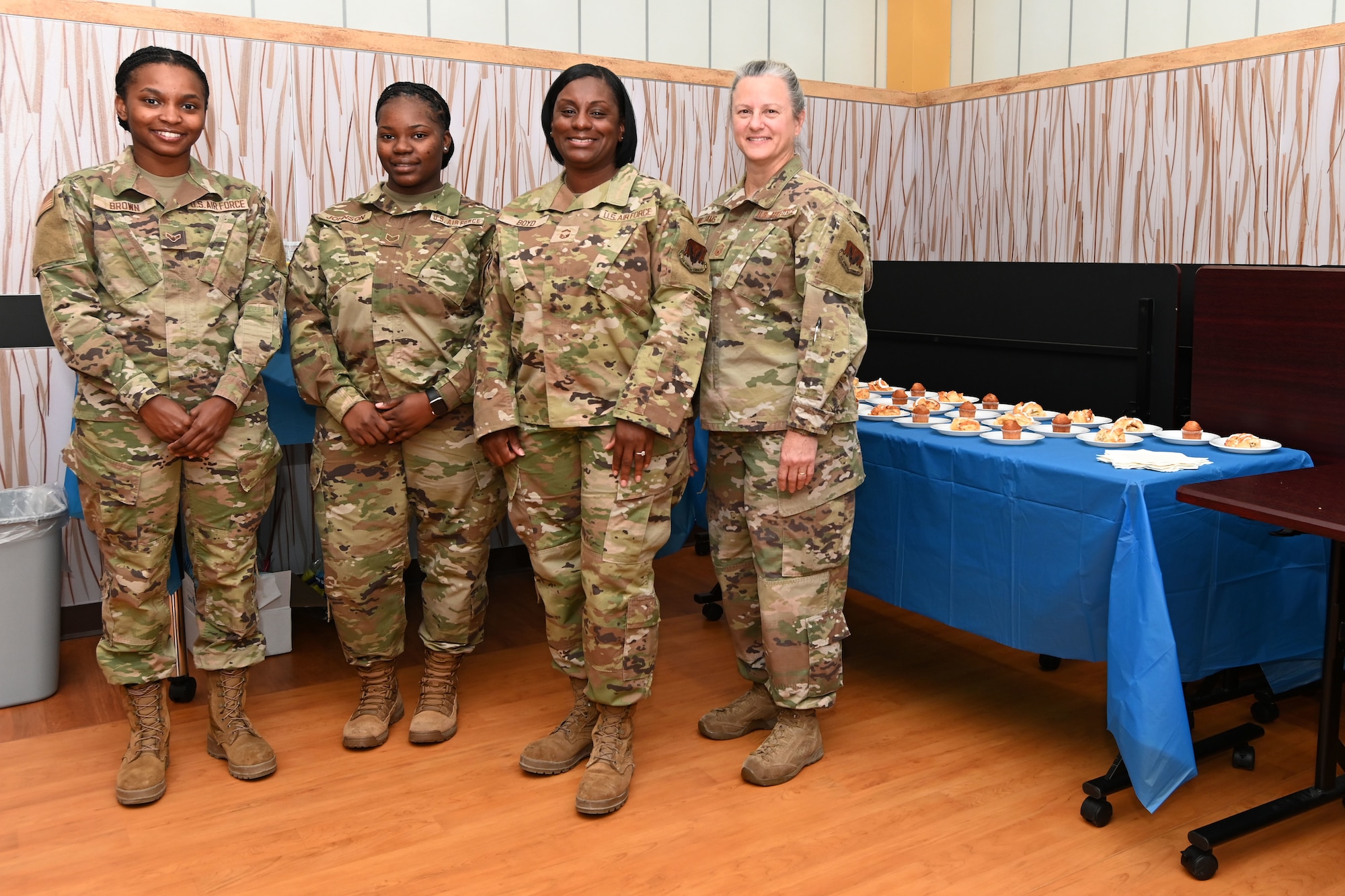 U.S. Air Force Airmen assigned to the 169th Force Support Squadron from the South Carolina Air National Guard, provide refreshments for distinguished guests attending a presentation at Blackfeet Community College in Browning, Montana, for the new Blackfeet Nation Senior Center being built in Heart Butte, Montana, September 8, 2022. This temporary deployment is part of the 169th Force Support Squadron’s Innovative Readiness Training (IRT) that helps Airmen train in a real-world environment to acquire and maintain their trade skills. (U.S. Air National Guard photo by Airman 1st Class AmyRangel, 169th Fighter Wing Public Affairs)