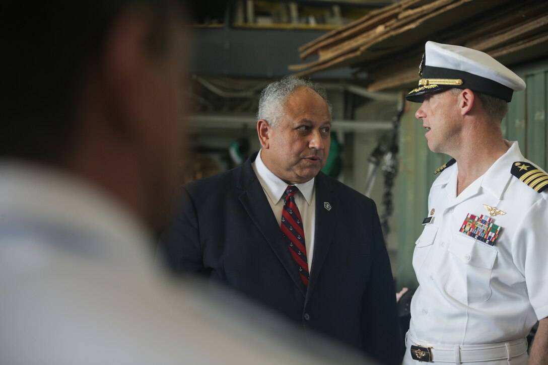 RIO DE JANEIRO (Sept. 8, 2022) U.S. Secretary of the Navy Carlos Del Toro is greeted by U.S. Navy Capt. J. Patrick Thompson III, commanding officer of the San Antonio-class transport dock USS Mesa Verde (LPD 19), after he boarded the ship for a visit during UNITAS LXIII Sept. 8, 2022.  UNITAS is the world’s longest-running maritime exercise. Hosted this year by Brazil, it brings together multinational forces from Brazil, Cameroon, Chile, Colombia, Dominican Republic, Ecuador, France, Guyana, Jamaica, Mexico, Namibia, Panama, Paraguay, Peru, South Korea, Spain, United Kingdom, Uruguay, and the United States conducting operations in and off the coast of Rio de Janeiro. The exercise trains forces to conduct joint maritime operations through the execution of anti-surface, anti-submarine, anti-air, amphibious and electronic warfare operations that enhance warfighting proficiency and increase interoperability among participating naval and marine forces. (U.S. Marine Corps photo by Cpl. Ethan Craw/Released)