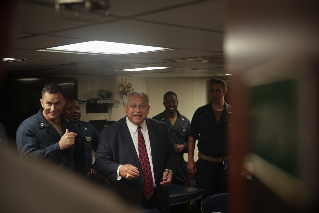 RIO DE JANEIRO (Sept. 8, 2022) U.S. Secretary of the Navy Carlos Del Toro speaks with the San Antonio-class transport dock USS Mesa Verde (LPD 19) Chiefs Mess during a visit as part of UNITAS LXIII Sept. 8, 2022.  UNITAS is the world’s longest-running maritime exercise. Hosted this year by Brazil, it brings together multinational forces from Brazil, Cameroon, Chile, Colombia, Dominican Republic, Ecuador, France, Guyana, Jamaica, Mexico, Namibia, Panama, Paraguay, Peru, South Korea, Spain, United Kingdom, Uruguay, and the United States conducting operations in and off the coast of Rio de Janeiro. The exercise trains forces to conduct joint maritime operations through the execution of anti-surface, anti-submarine, anti-air, amphibious and electronic warfare operations that enhance warfighting proficiency and increase interoperability among participating naval and marine forces. (U.S. Marine Corps photo by Cpl. Ethan Craw/Released)