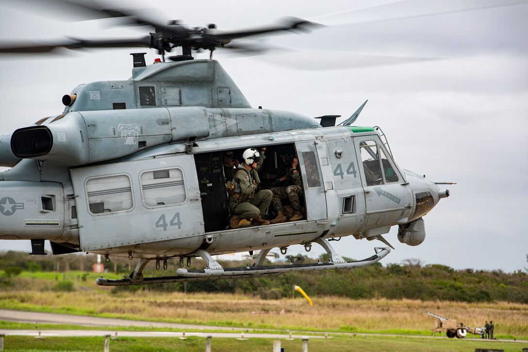 A UH-1Y Venom with Marine Light Attack Helicopter Squadron - 773, 4th Marine Aircraft Wing, Marine Forces Reserve in support of Special Purpose Marine Air-Ground Task Force UNITAS LXIII, begins taxiing to the runway for take-off at São Pedro da Aldeia, Brazil, during exercise UNITAS LXIII, Sept. 5, 2022. UNITAS is the world's longest-running annual multinational maritime exercise that focuses on enhancing interoperability among multiple nations and joint forces during littoral and amphibious operations in order to build on existing regional partnerships and create new enduring relationships that promote peace, stability, and prosperity in the U.S. Southern Command’s area of responsibility. (U.S. Marine Corps photo by 1st Lt. Mark L. Andries)