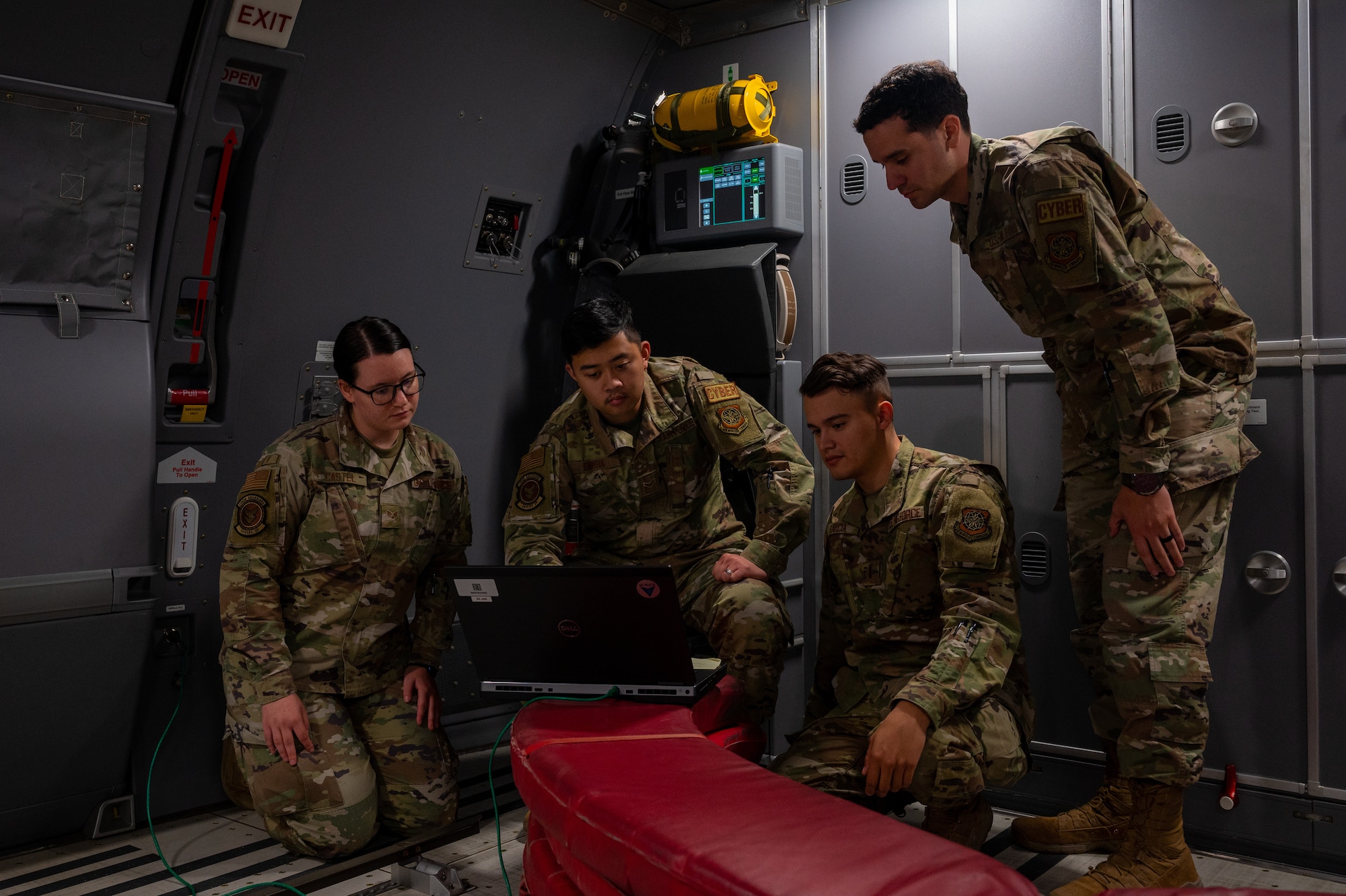 Air Mobility Command’s Employment Concept Exercise 22-08’s Mission Defense Team analyze a KC-46A Pegasus’ network stance inflight Sept. 3, 2022, in the U.S. Central Command area of responsibility.