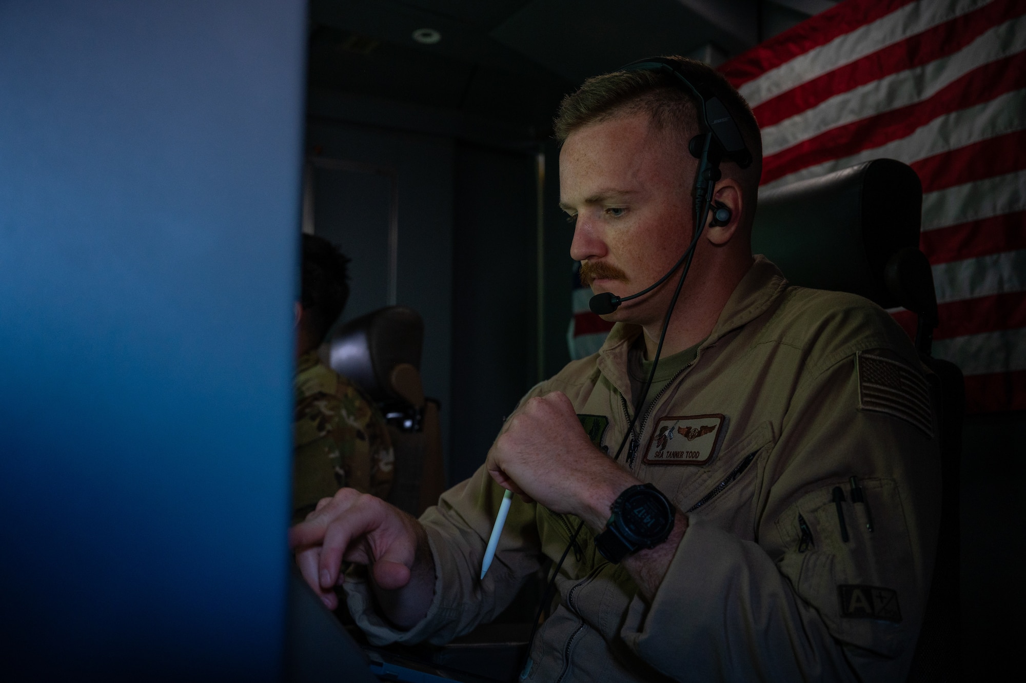 U.S. Air Force Senior Airman Tanner Todd, 349th Air Refueling Squadron boom operator, prepares to refuel a F-15E Strike Eagle assigned to the 335th Expeditionary Fighter Squadron during Air Mobility Command’s Employment Concept Exercise 22-08 Aug. 29, 2022, in the U.S. Central Command area of responsibility.